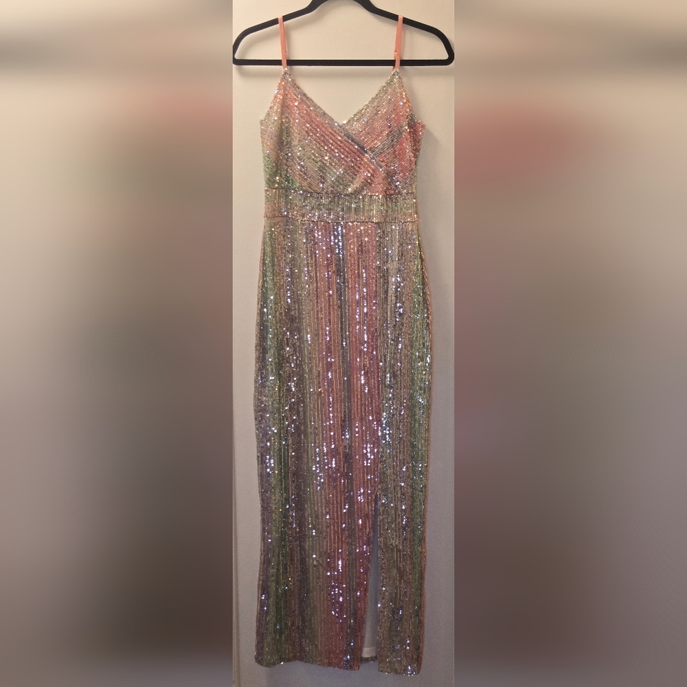 VENUS Iridescent Sequin Striped Maxi Skirt in Pastel Hues